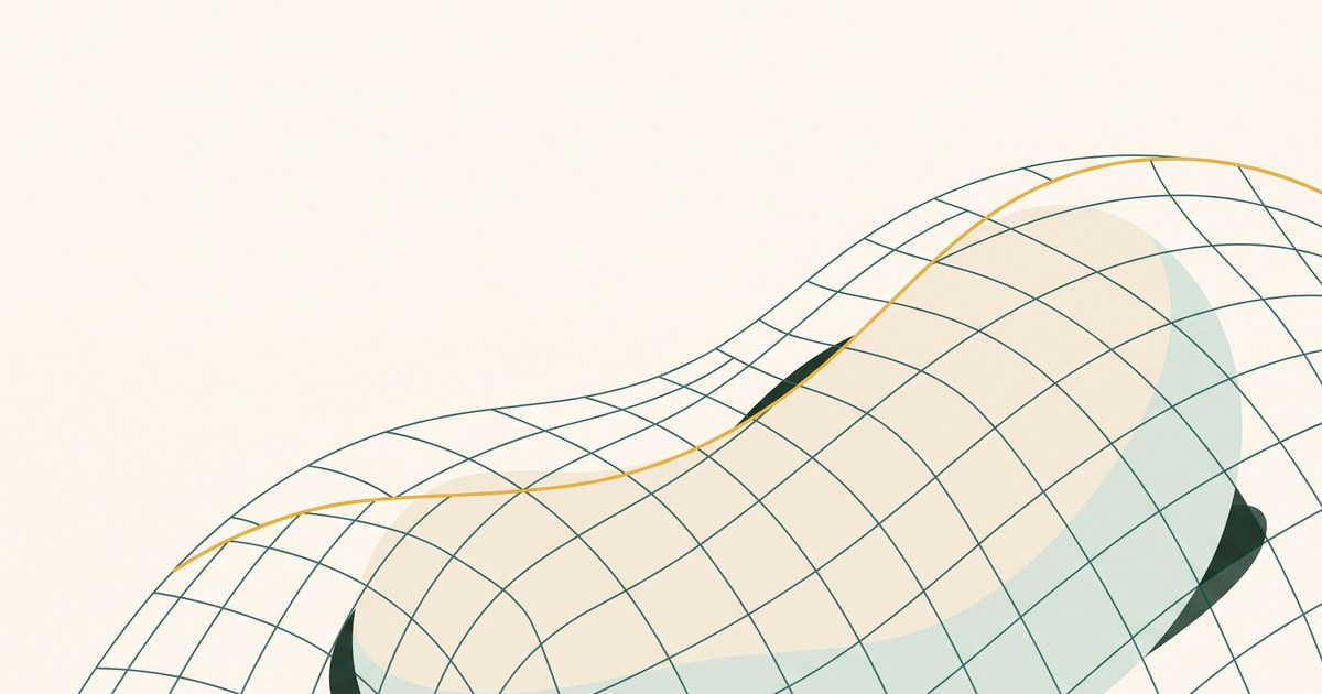 Abstrakte Illustration: ein feines Gitternetz aus dunkelgrünen Linien legt sich über eine weiche organische Form in Creme und Mint, durchzogen von einer goldenen Linie.