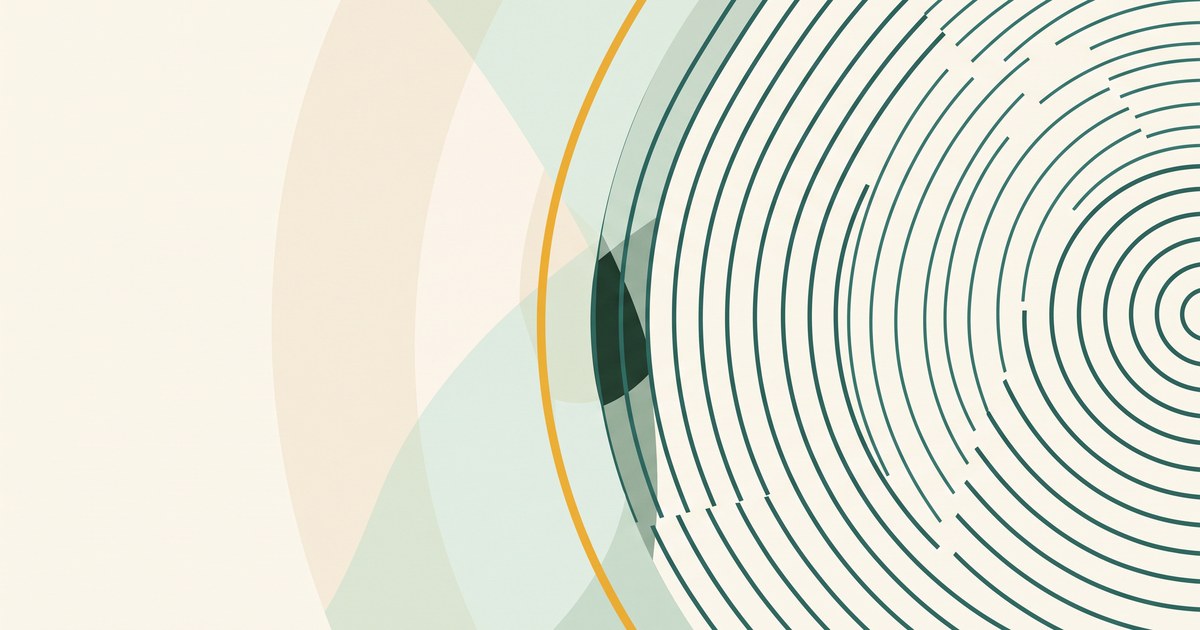 Abstract illustration: concentric dark green arcs meet soft overlapping planes in cream and mint, crossed by a single gold arc.